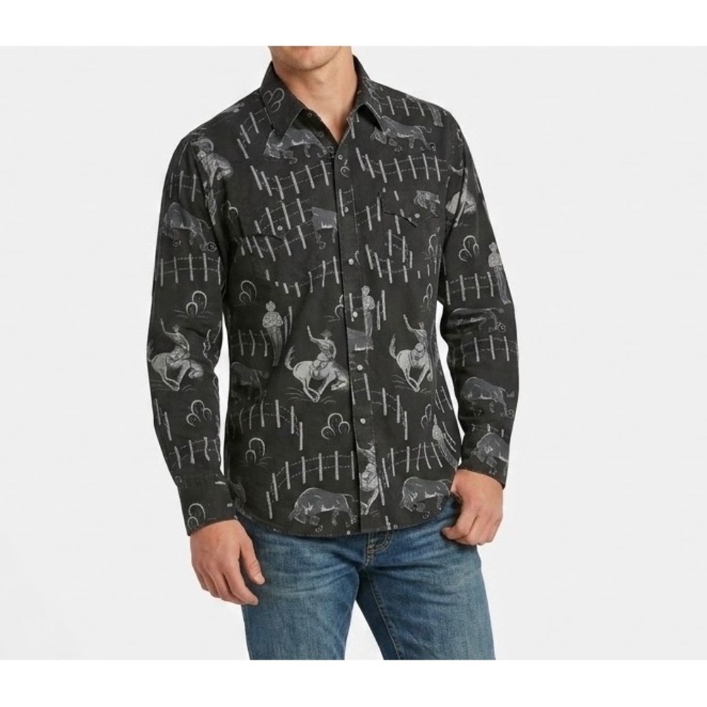 ROCK & ROLL Denim Vintage 46 Mens Rodeo Print Western Pearl Snap Shirt Large